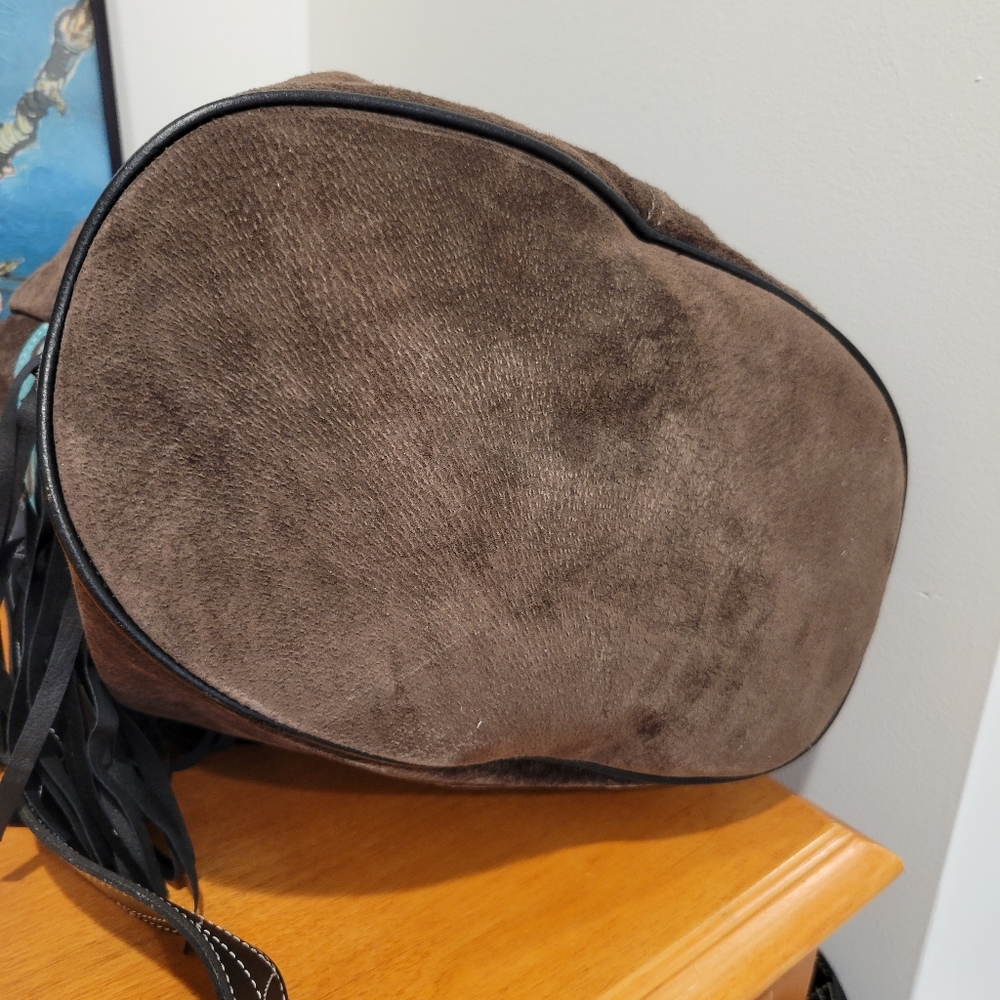 Leather bucket shoulder bag fringe vintage but never used teal & brown purse - Picture 6 of 12